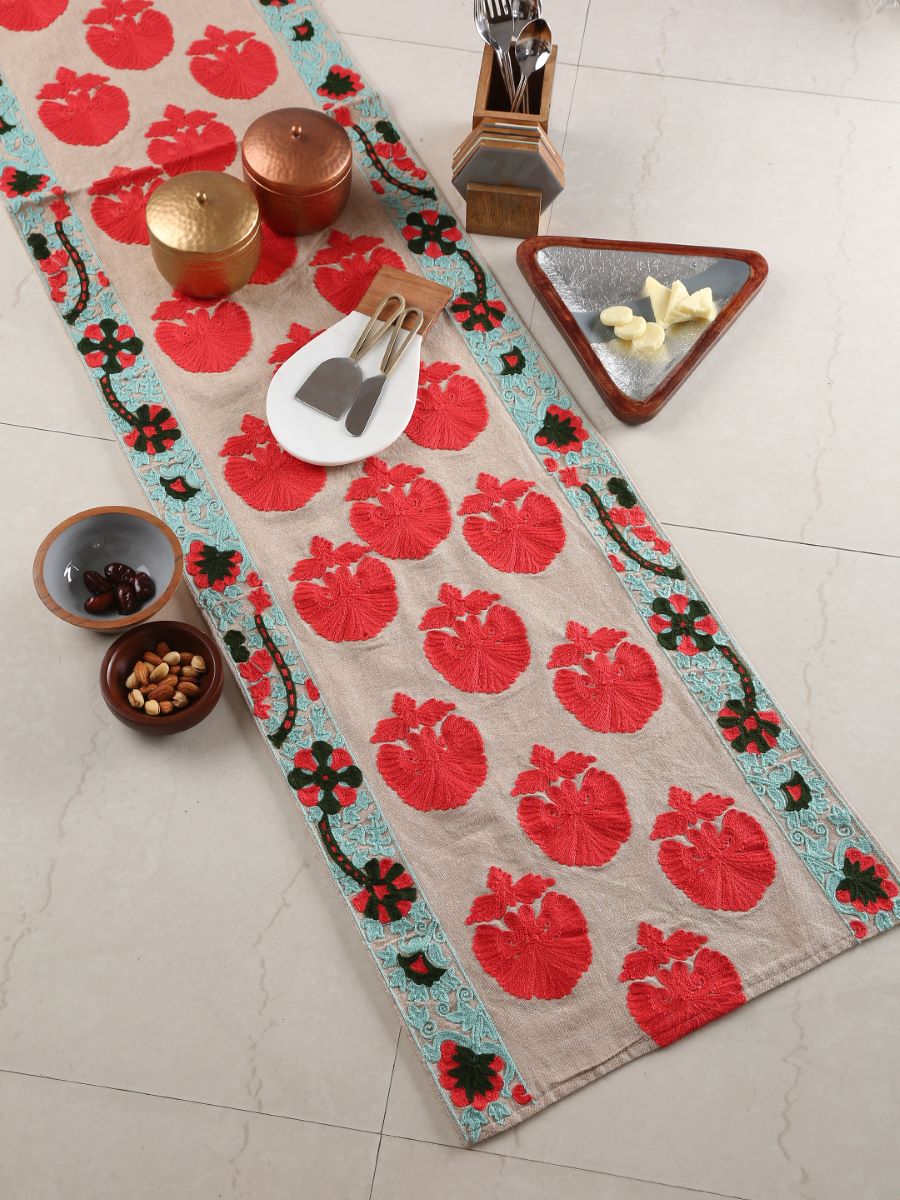 Moghul Design Inspired Table Runner With Red Floral Embroidery