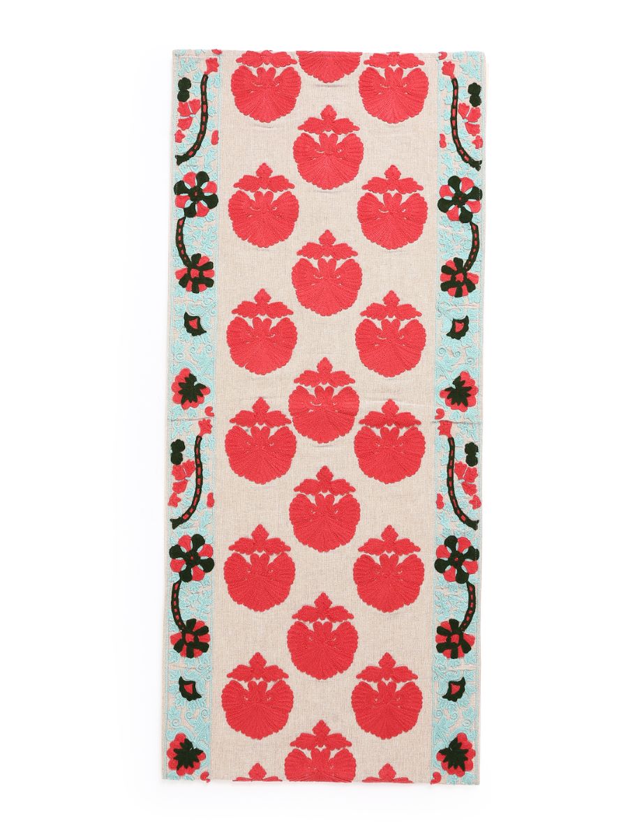 Moghul Design Inspired Table Runner With Red Floral Embroidery