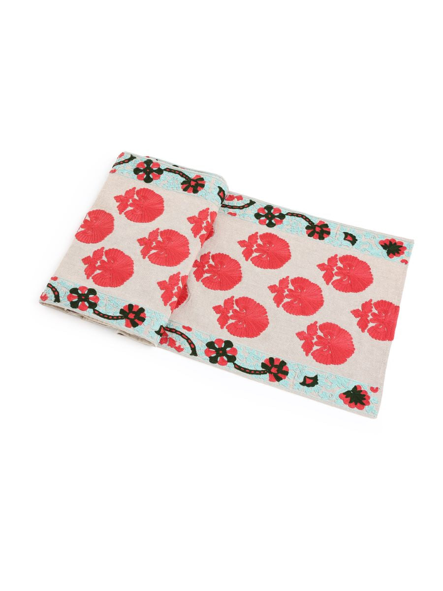Moghul Design Inspired Table Runner With Red Floral Embroidery