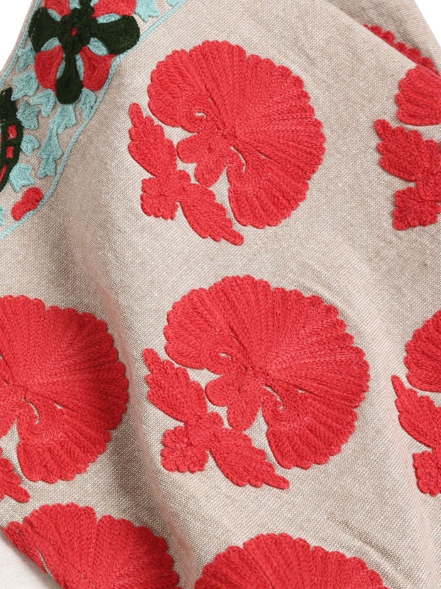 Moghul Design Inspired Table Runner With Red Floral Embroidery