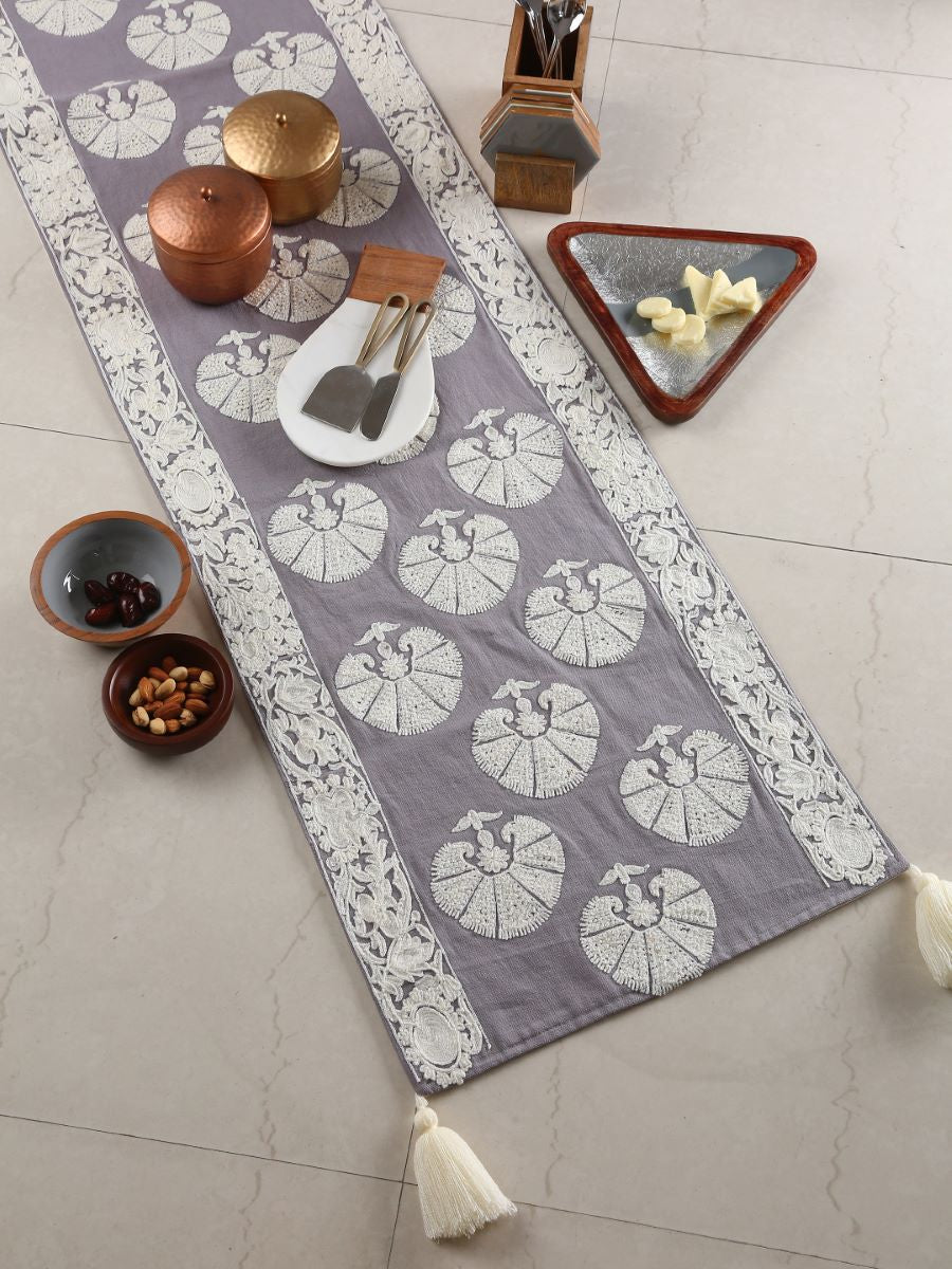 Moghul Design Inspired Table Runner With White Floral Embroidery On Grey