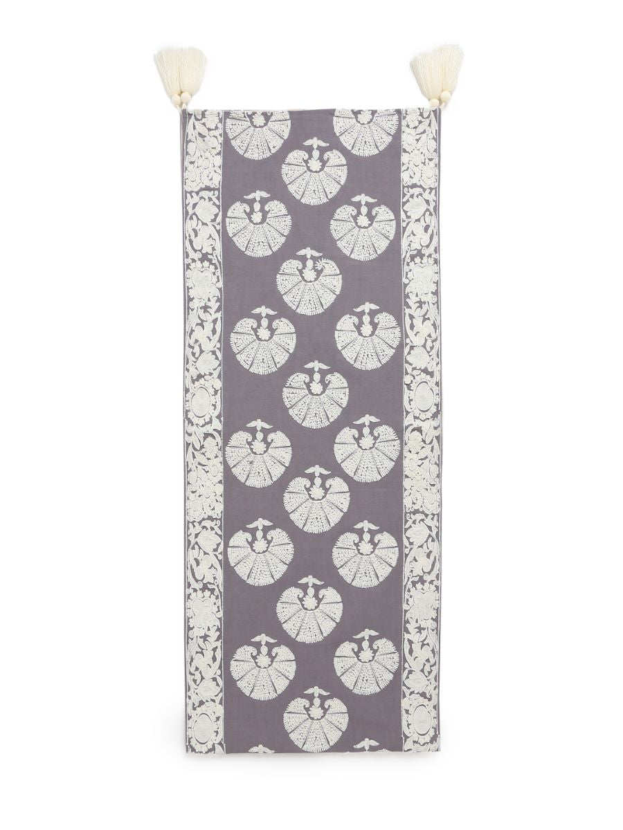 Moghul Design Inspired Table Runner With White Floral Embroidery On Grey