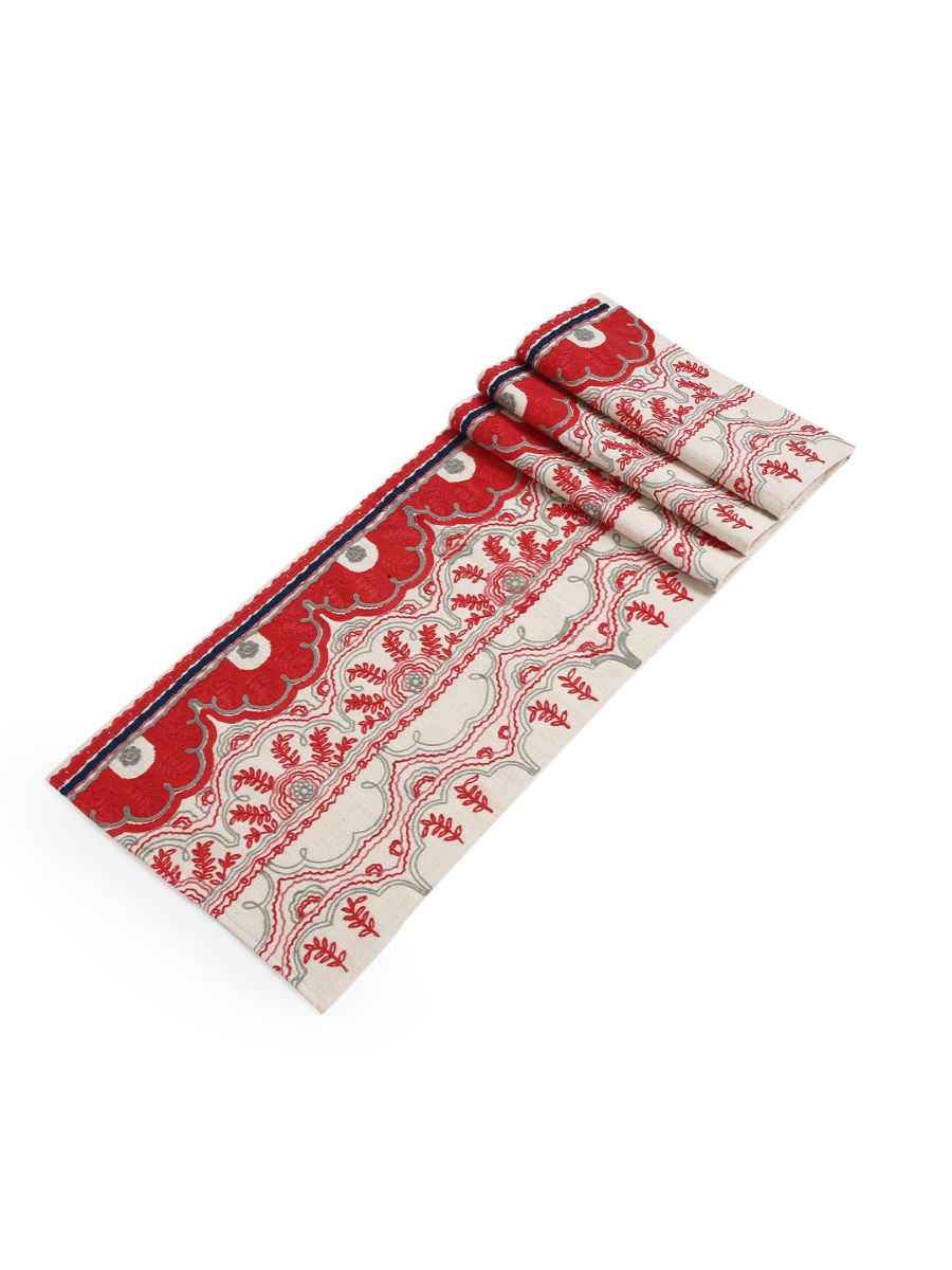 Elegant Table Runner With Floral Embroidery In Coral Red Color