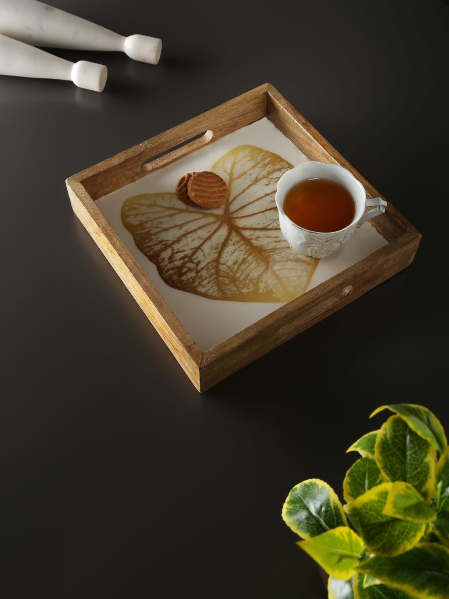 Mango Wooden Tray In Enamel Finish With Gold Leaf Design