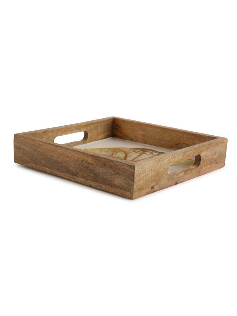 Mango Wooden Tray In Enamel Finish With Gold Leaf Design