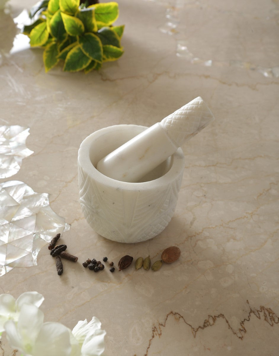 White Marble Hand Carved Mortar & Pestel