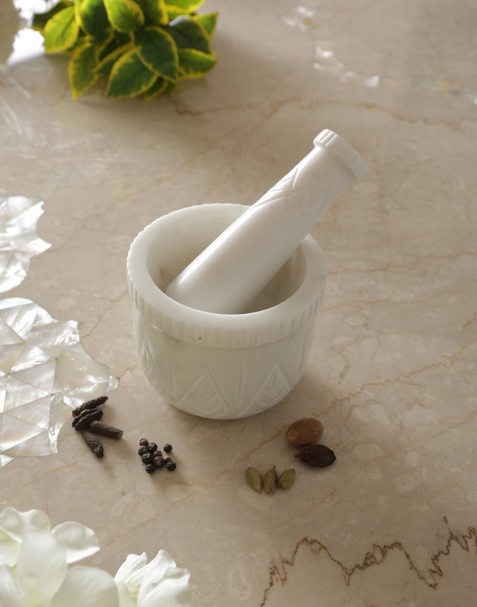 White Marble Hand Carved Mortar & Pestel