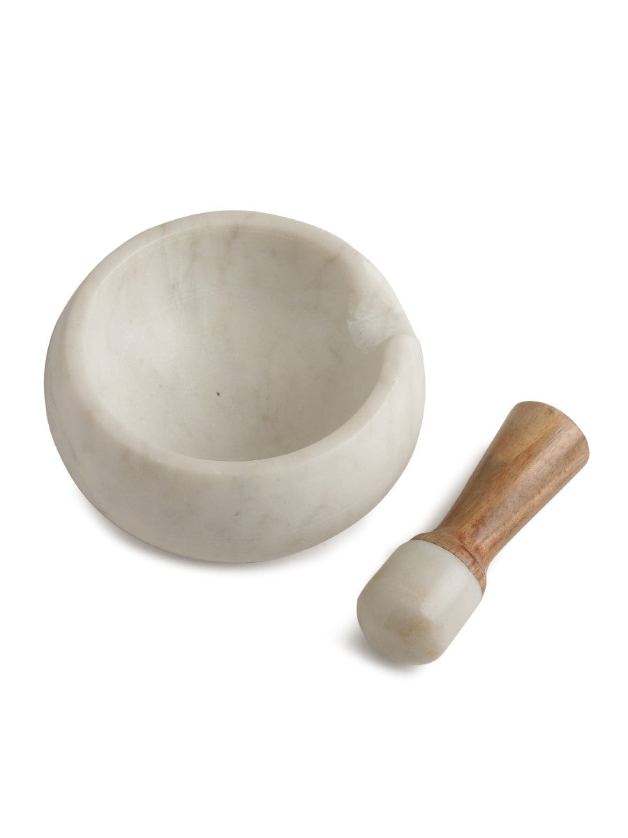 White Marble Mortar & Pastel With Wooden Handle