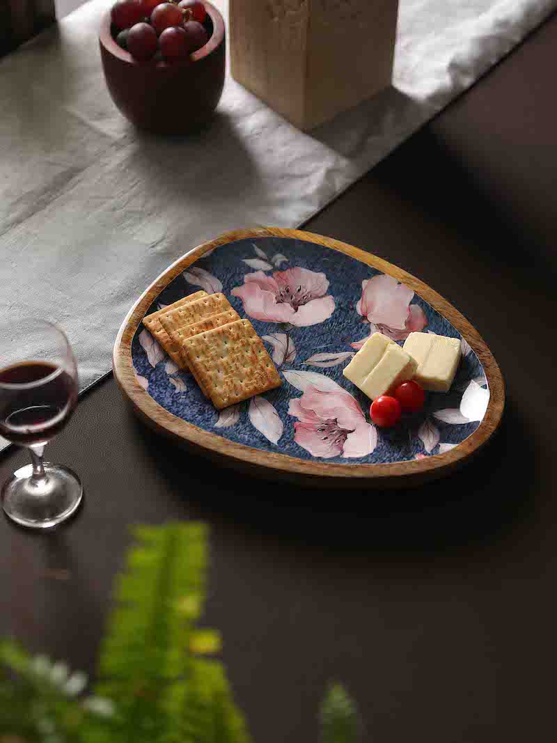 Blue Wooden Platter with Flower Design