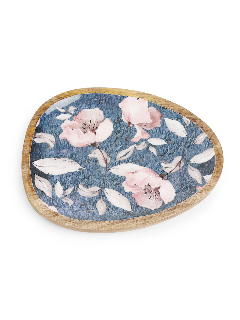 Blue Wooden Platter with Flower Design