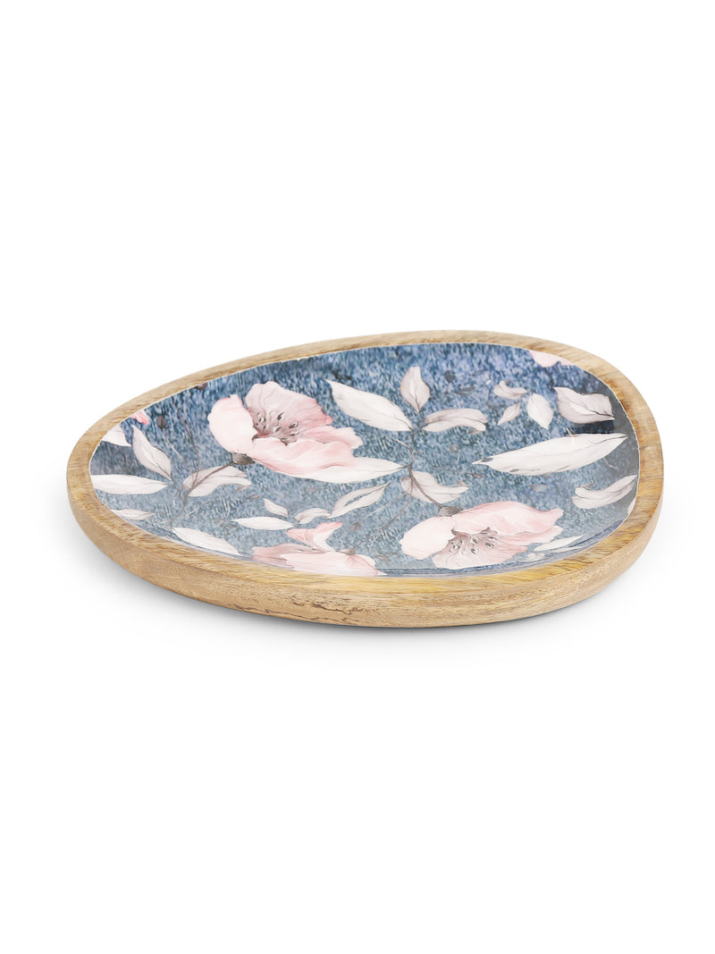 Blue Wooden Platter with Flower Design