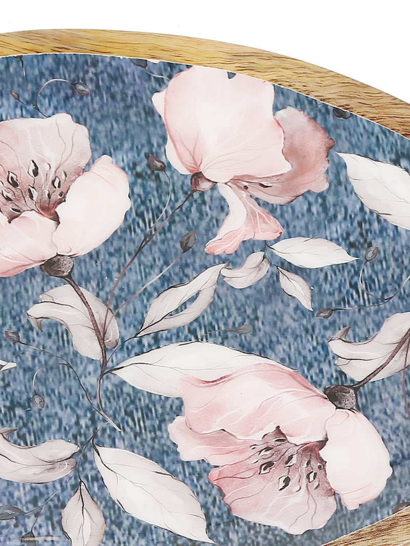 Blue Wooden Platter with Flower Design