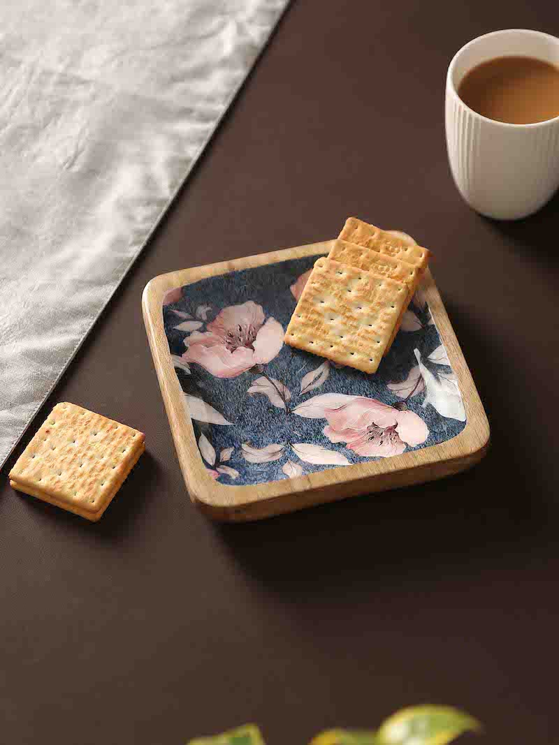 Blue Square Platter with Flower Design