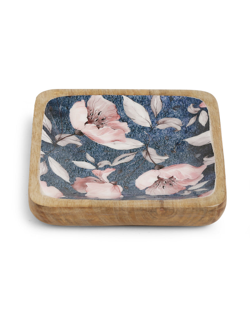 Blue Square Platter with Flower Design