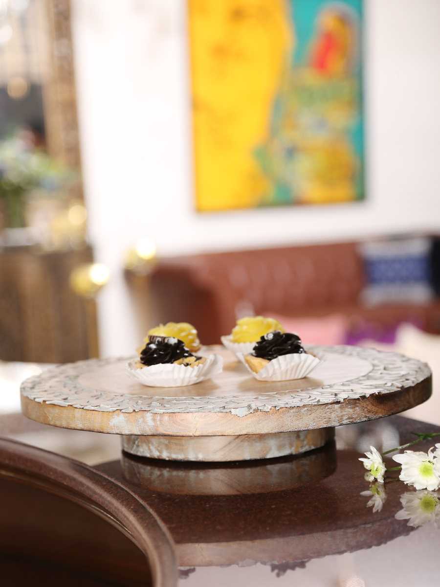 Grey White Wash Finish Lazy Susan Platter With Hand Carved Border