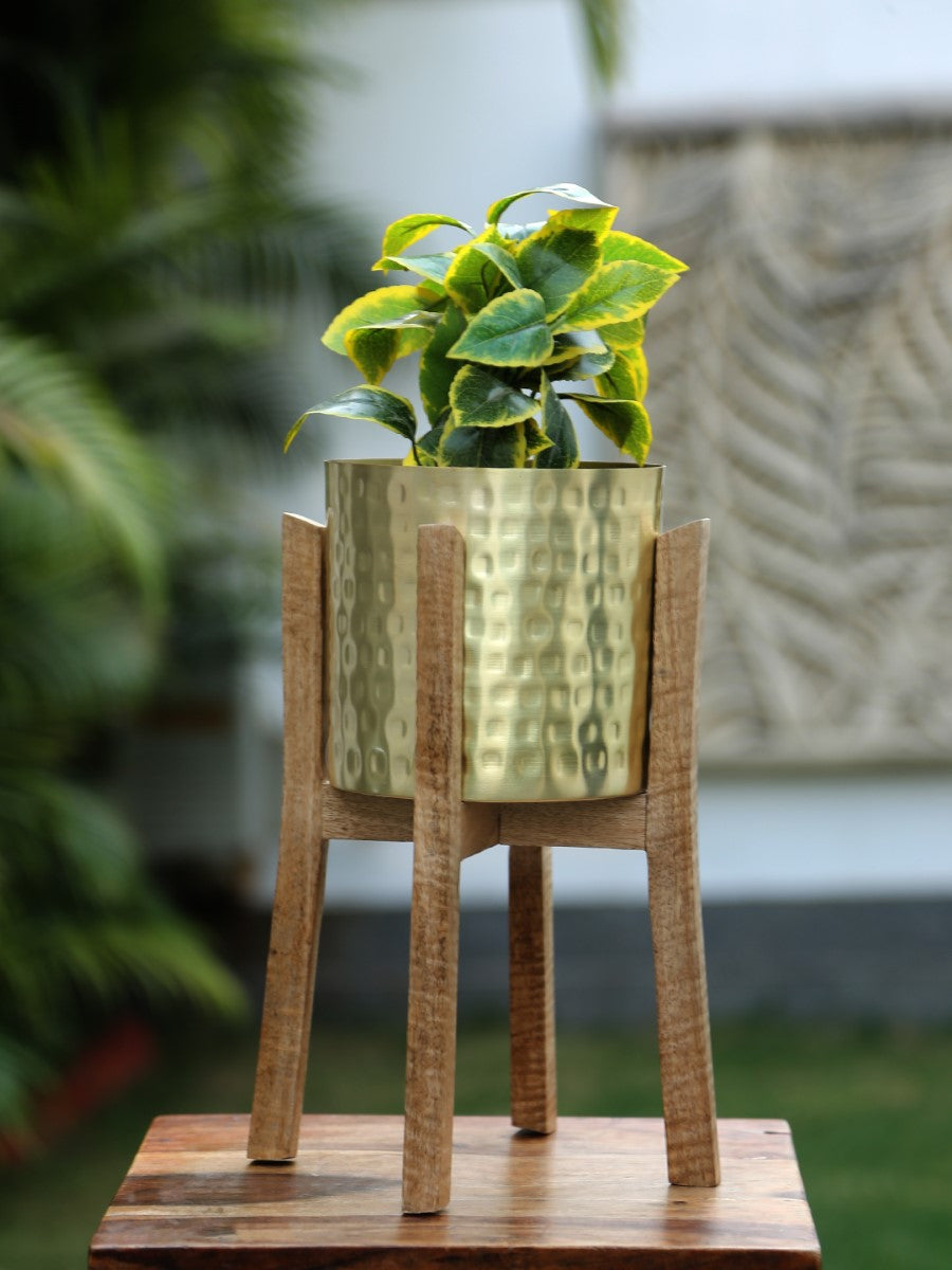 Gold Finish Hammered Planter with Wooden Stand