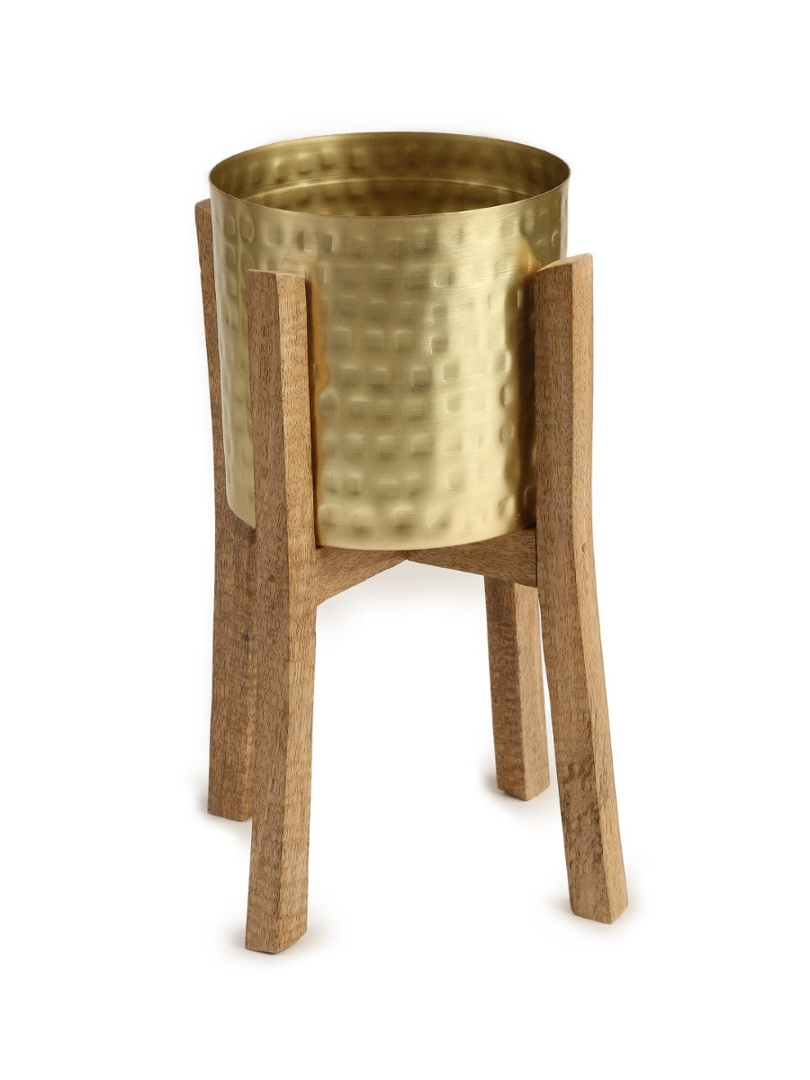 Gold Finish Hammered Planter with Wooden Stand