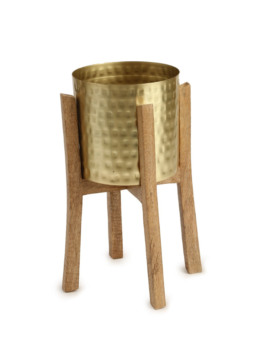 Gold Finish Hammered Planter with Wooden Stand