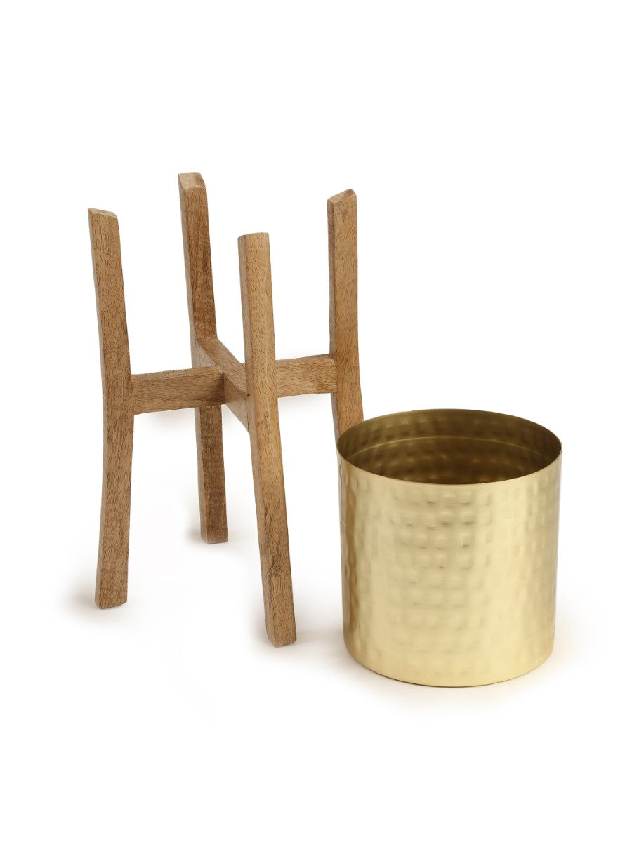 Gold Finish Hammered Planter with Wooden Stand