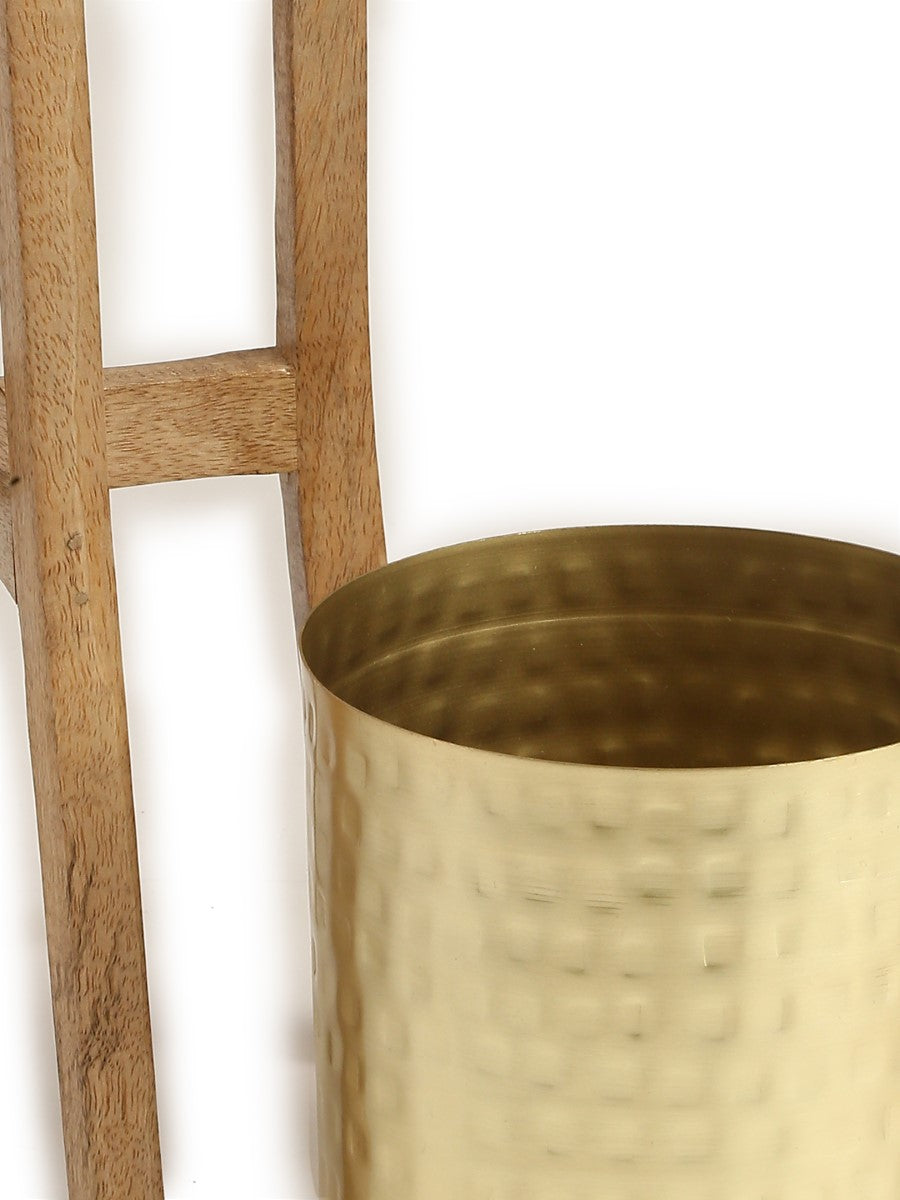 Gold Finish Hammered Planter with Wooden Stand