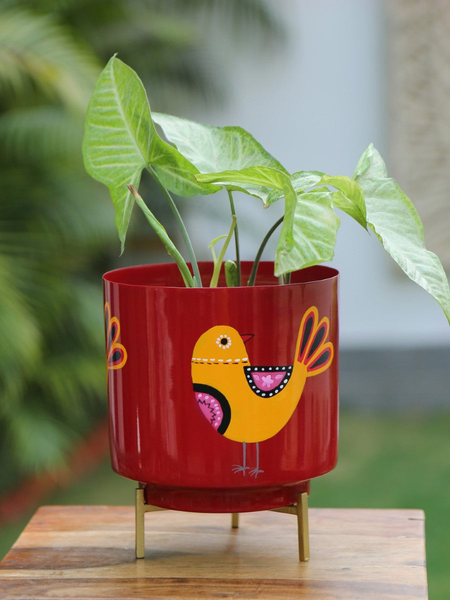 Red Bird Design Hand Painted Planter