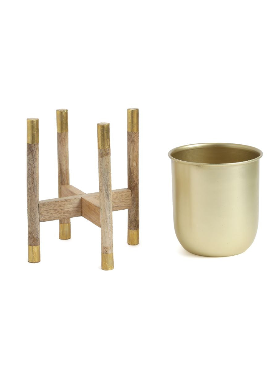 Metal Planter On Wooden Stand In Brass Finish