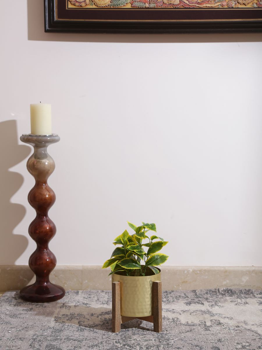 Brass Look Planter On Wooden Stand