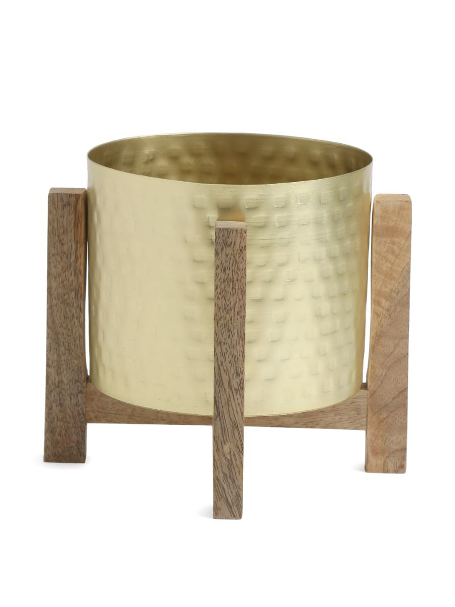 Brass Look Planter On Wooden Stand
