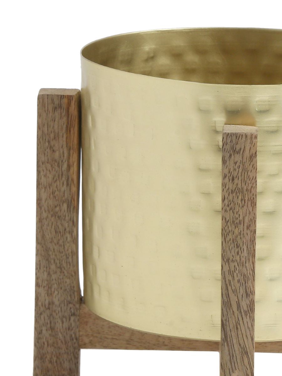 Brass Look Planter On Wooden Stand