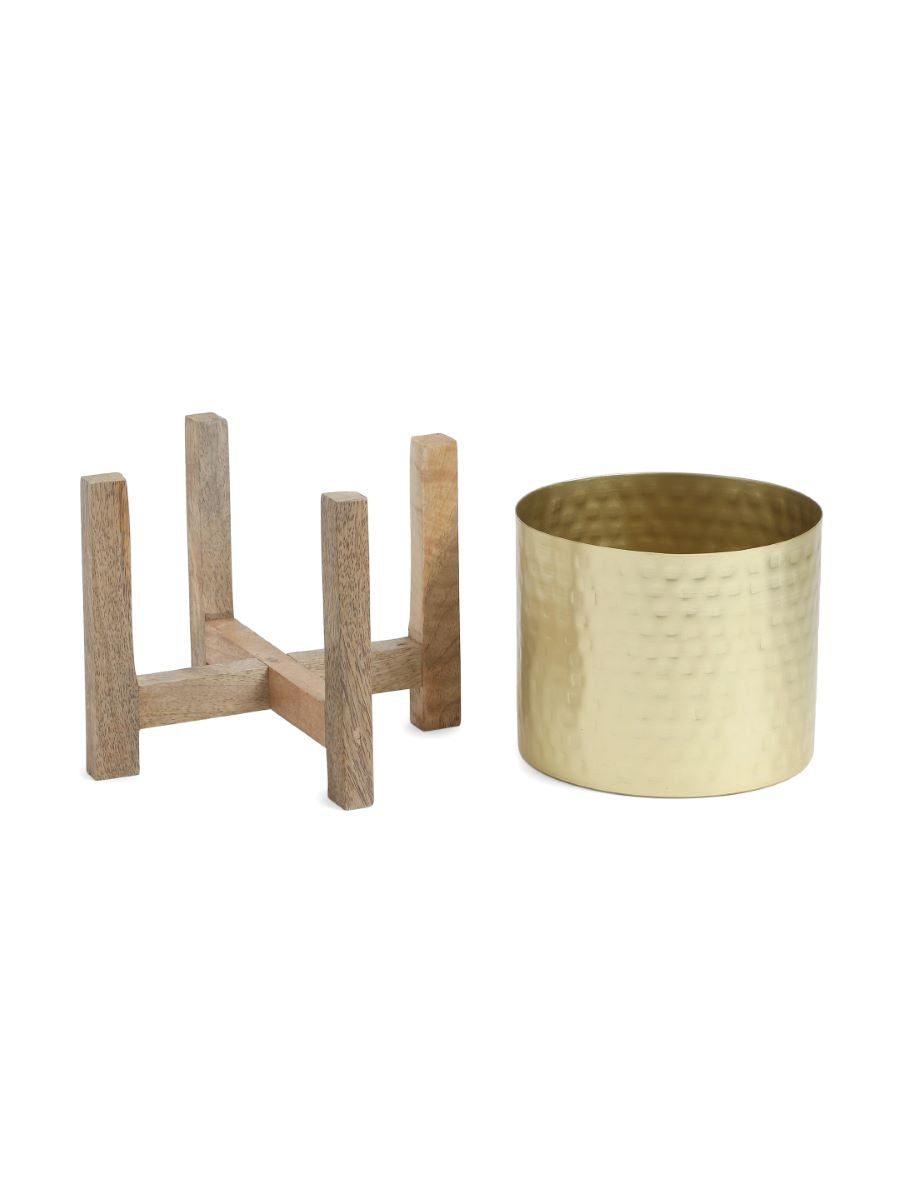 Brass Look Planter On Wooden Stand