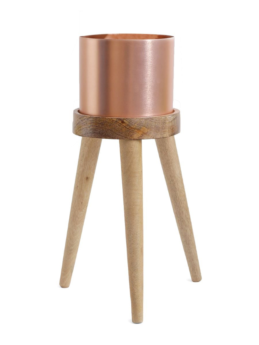Copper Look Metal Planter On Three Leg Stool
