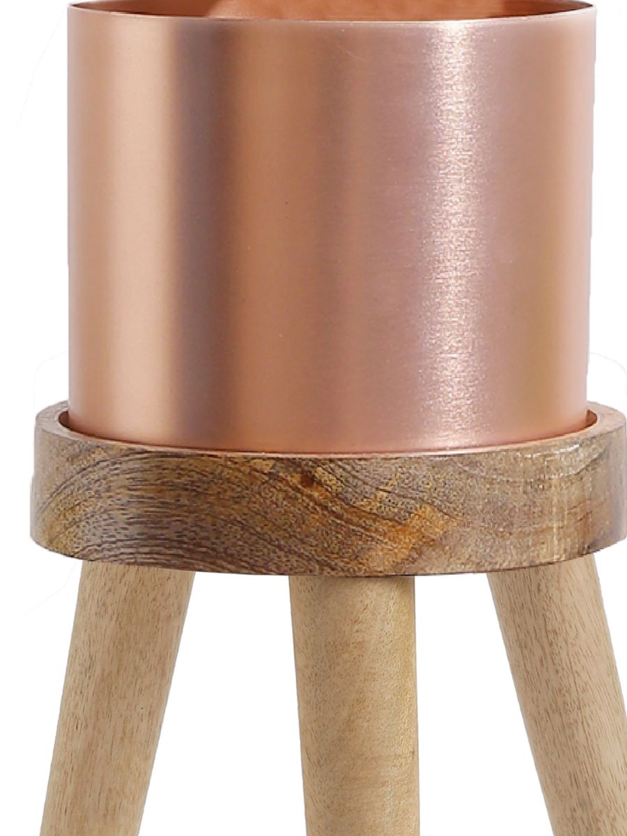 Copper Look Metal Planter On Three Leg Stool