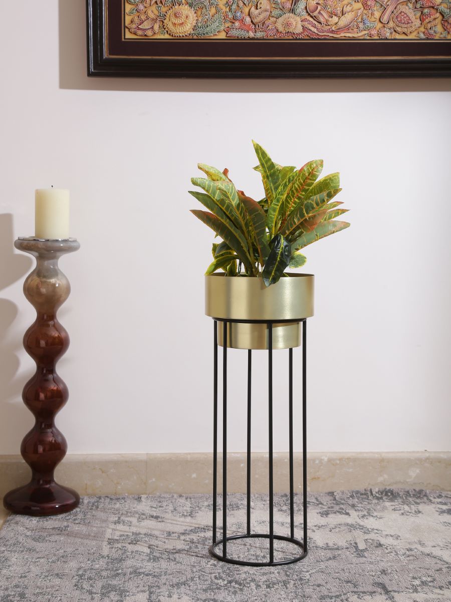 Brass Look Metal Planter With Large Iron Stand