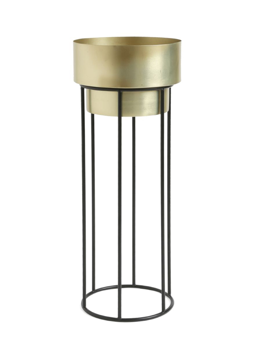 Brass Look Metal Planter With Large Iron Stand