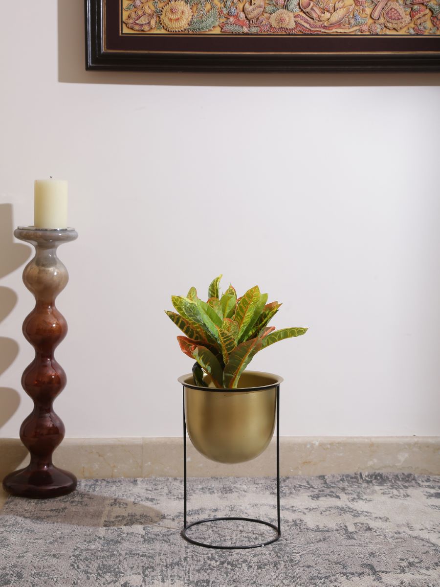 Brass Look Metal Planter With Iron Stand