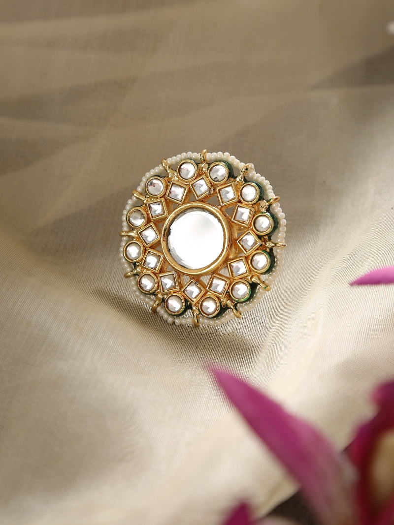 Kundan Pearl Ring with Mirror