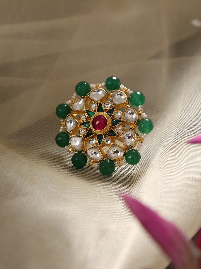 Royal Gold & Green Beads Kundan Ring