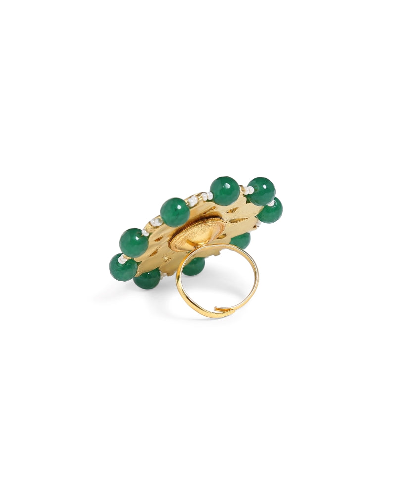 Royal Gold & Green Beads Kundan Ring