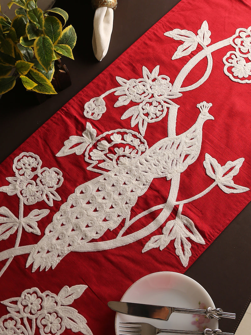 Red Embroidered Peacock Runner