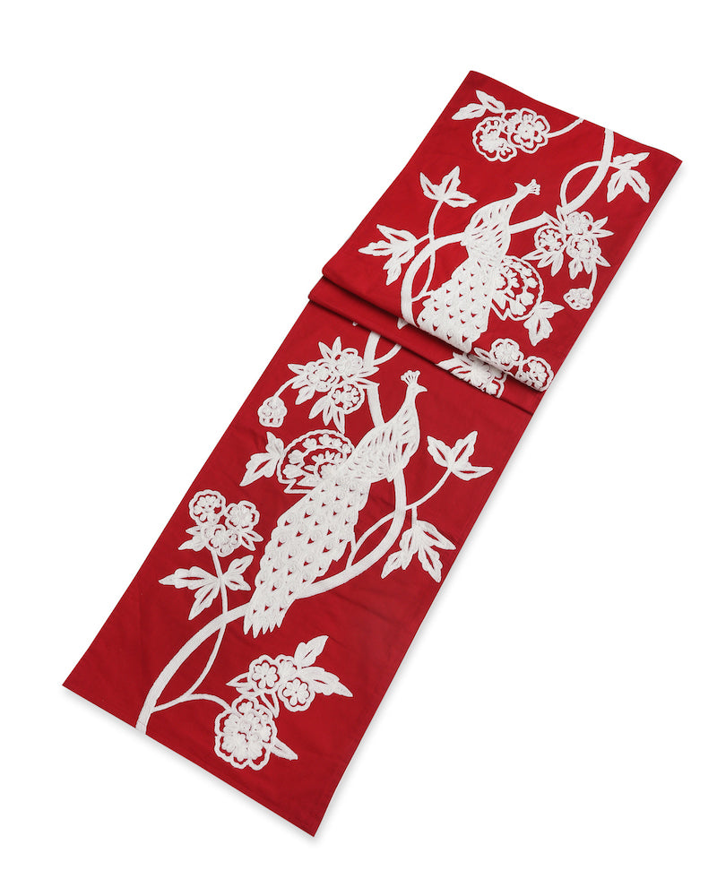 Red Embroidered Peacock Runner
