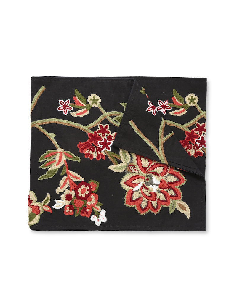 Black Embroidered Runner Colorful Flower Pattern