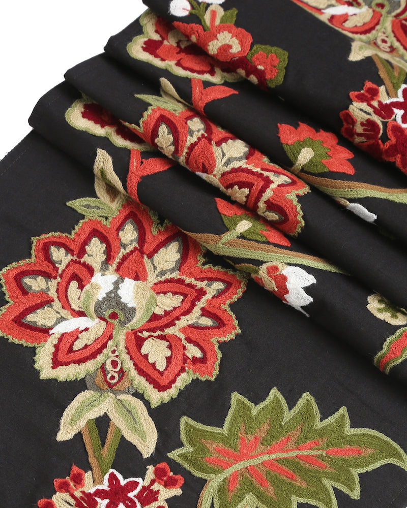 Black Embroidered Runner Colorful Flower Pattern