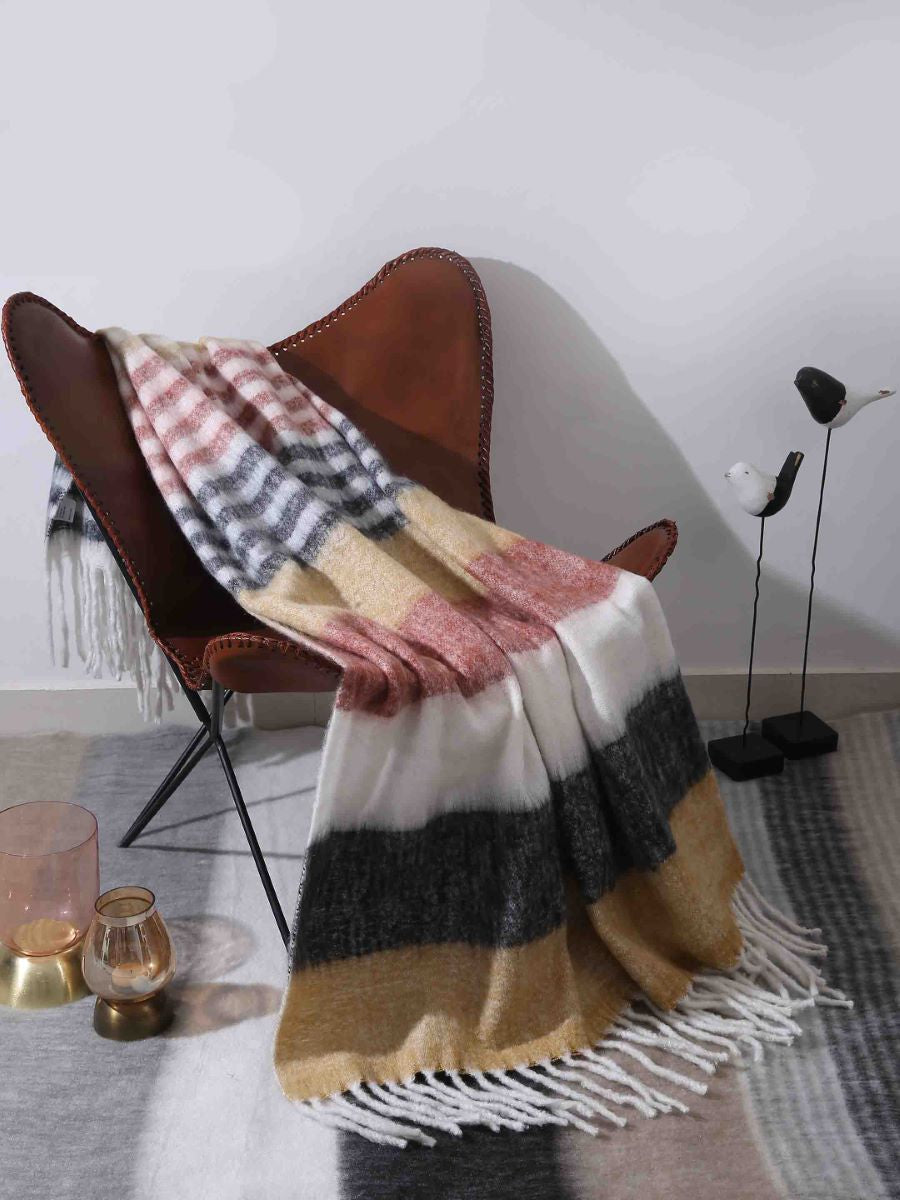 Soft Wool Acrylic Throw In Hues Of Mustard, Rust, Ivory And Black