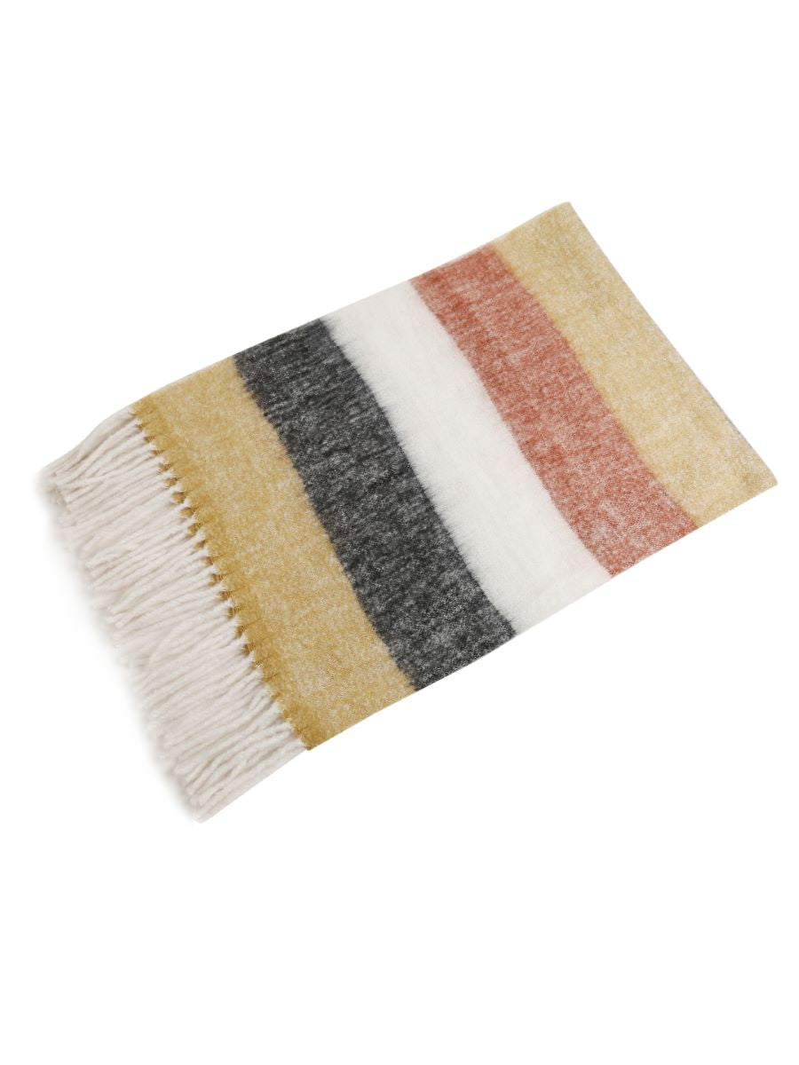 Soft Wool Acrylic Throw In Hues Of Mustard, Rust, Ivory And Black