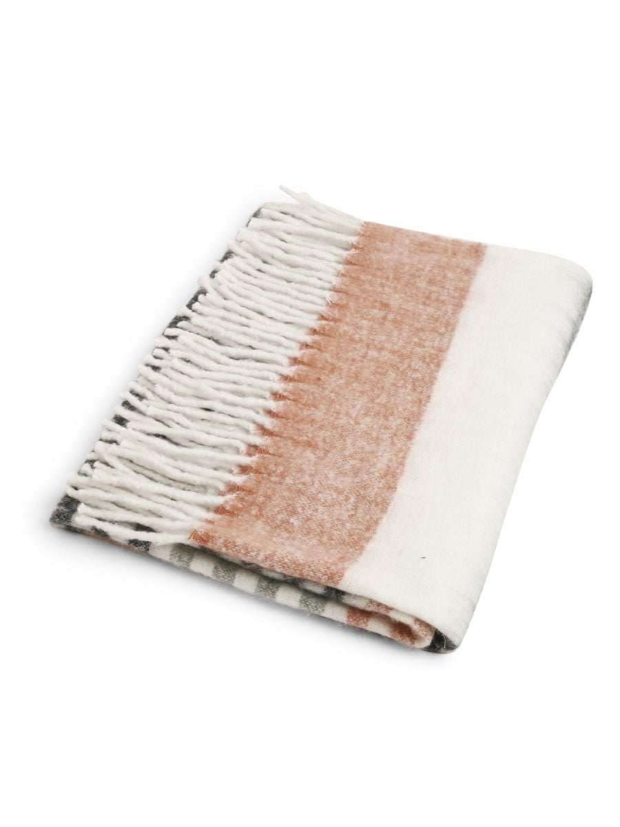 Soft Wool Acrylic Throw In Hues Of  Pink, Ivory, Grey And Blue