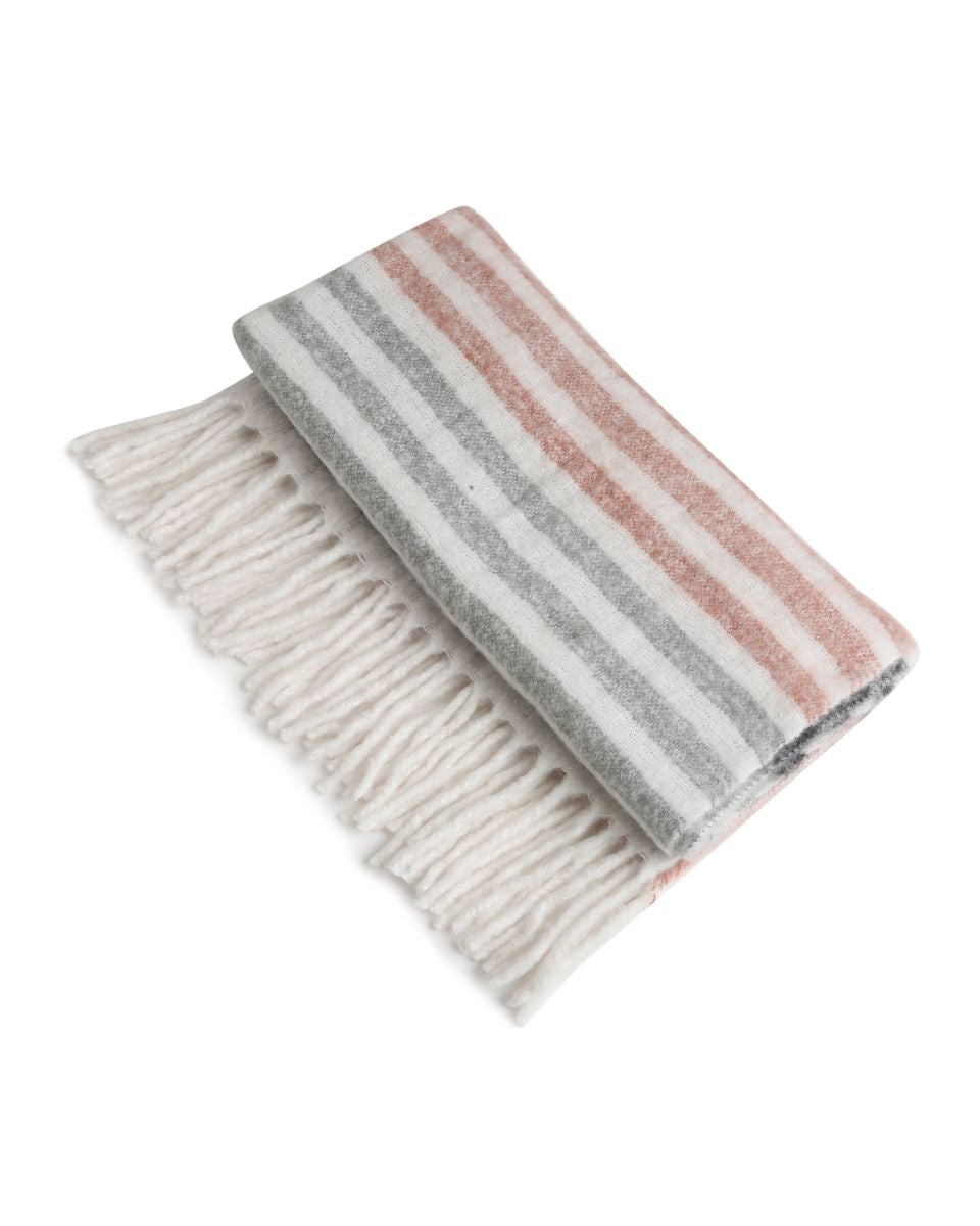 Soft Wool Acrylic Throw In Hues Of  Pink, Ivory, Grey And Blue