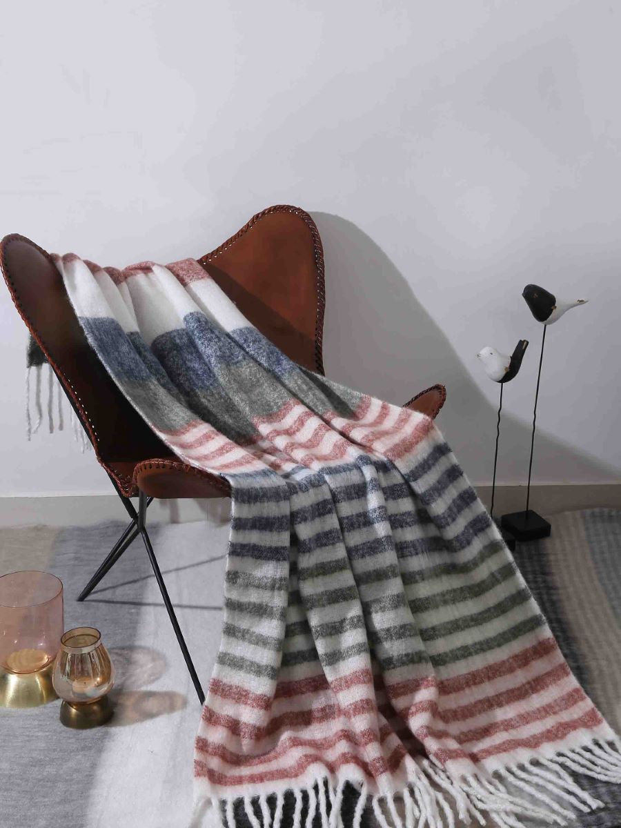 Soft Wool Acrylic Throw In Hues Of Green, Blue, Rust And Ivory
