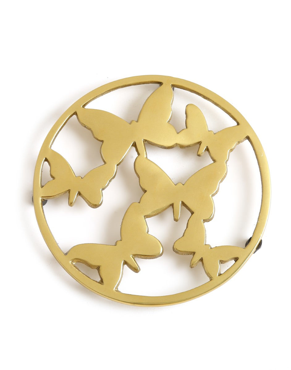 Butterfly Design Round Trivet In Matt Gold Finish