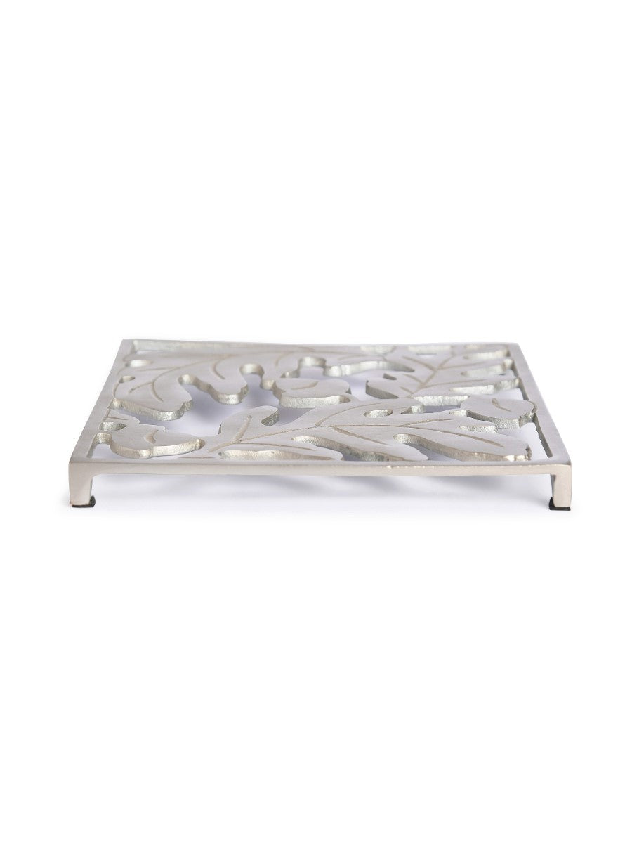 Leaf Design Square Trivet In Matt Silver