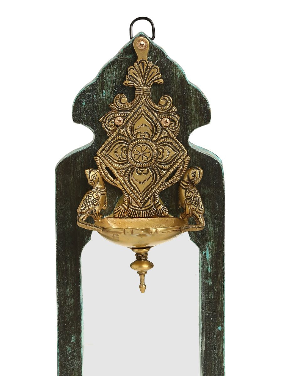 Distress Finish Mirror With Brass Bell Diya